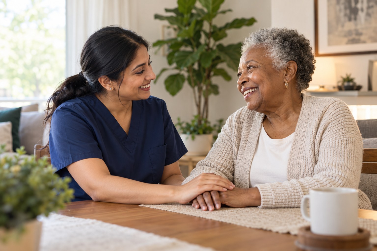 A personal support worker sharing a warm moment with an older woman at home